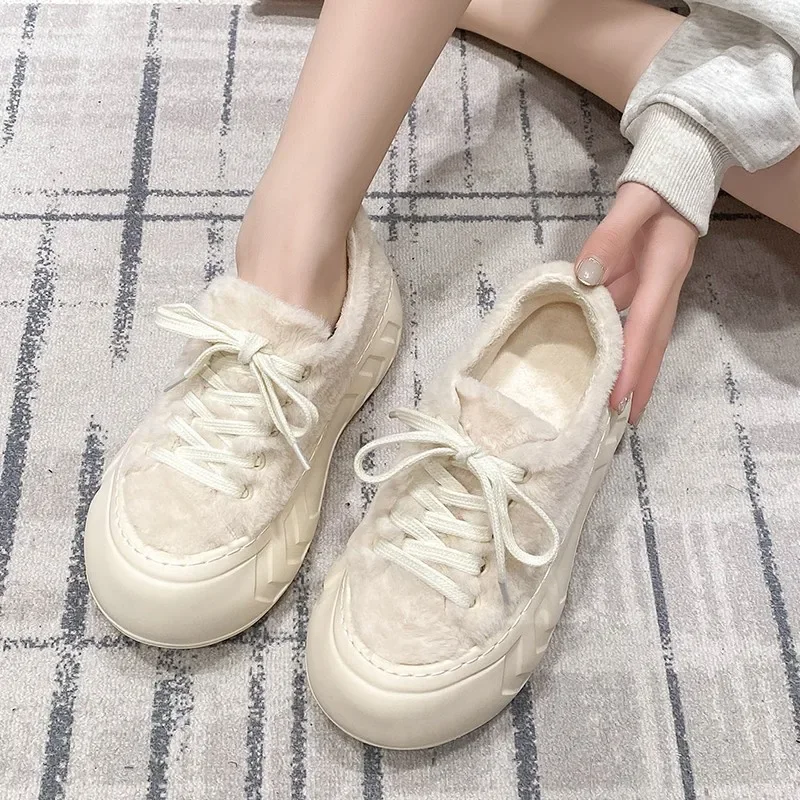 2024 New Hot Sale Short Plush Warm Sneakers for Women Shoes Lace-up Thick-soled Casual Comfortable Non-slip Women\'s Shoes