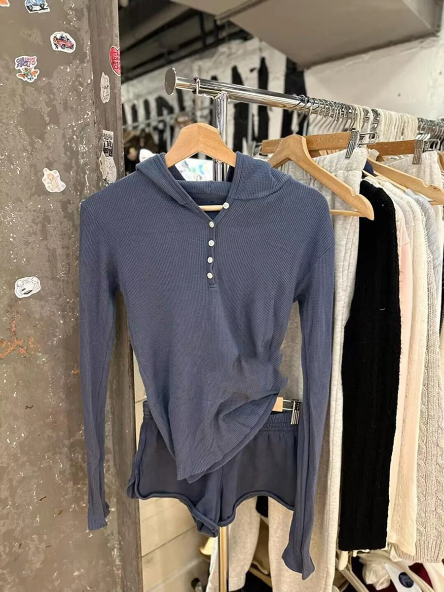 

Темно-синие вафельные тонкие толстовки с капюшоном, женские осенние пуловеры с длинными рукавами и пуговицами, футболки в консервативном стиле, милые винтажные топы Y2k