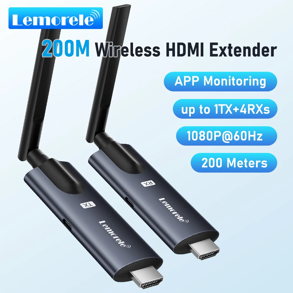 Lemorele 200m Wireless HDMI Transmitter Receiver Kit APP Monitoring Low Latency Plug and Play Transceiver For PC TV Projector