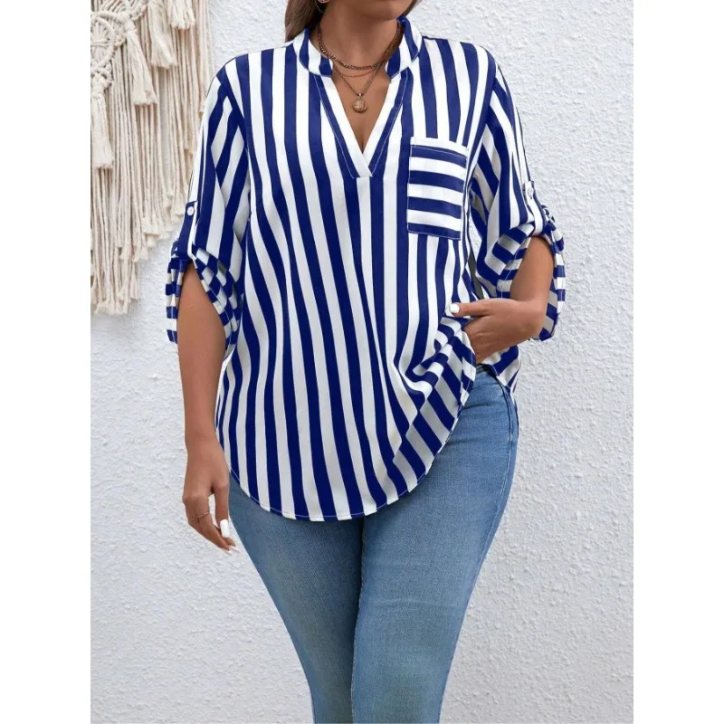 プラスサイズ 1XL-5XL 女性のファッションストライププリント半袖シャツレディースカジュアルラペルシャツルーズでエレガントなボタンシャツ
