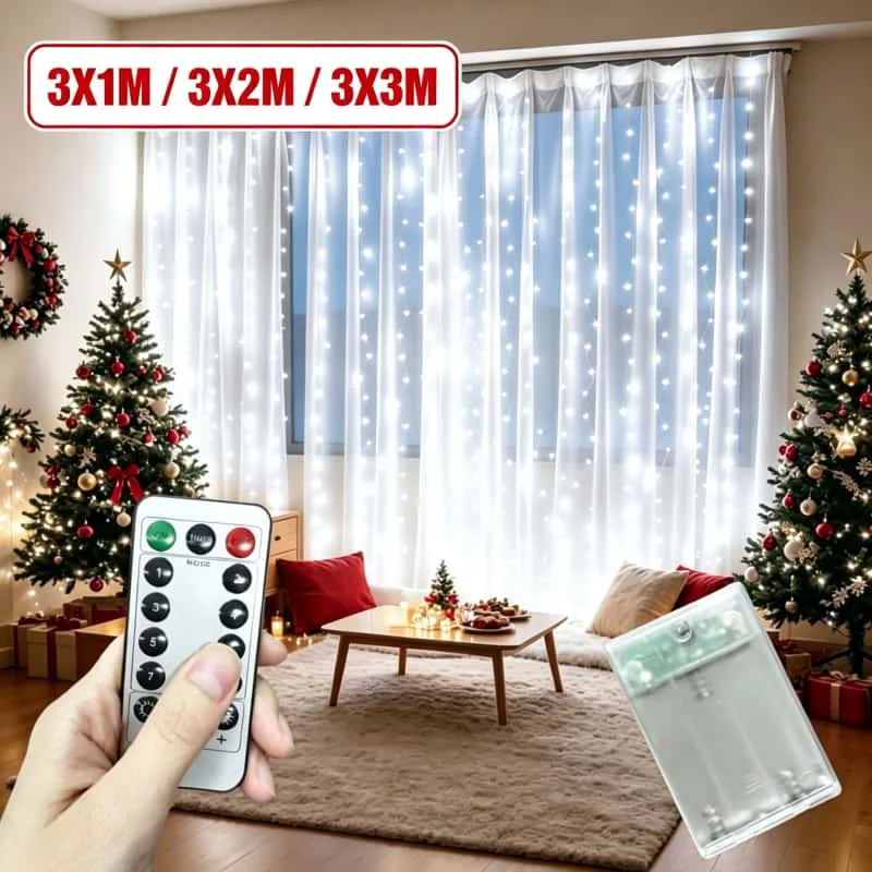 3M Battery Box LED Curtain String Lights Remote 8 Lighting Modes Outdoor Hanging Light for Xmas Halloween Window Wall Room Decor