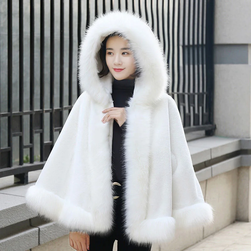 Faux Fur Coat Fur Collar Hooded Jackets For Women Cape 2023 Winter Poncho Harajuku Loose Patchwork Shawl Fausse Fourrure Cloak