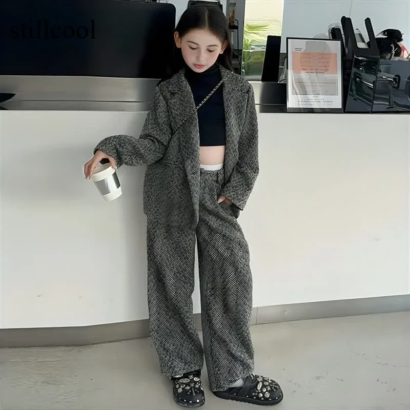 

Teen Girls Blazer Sets Autumn New Fashion Plaid Grey Formal Jacket Pants Kids Costumes 12 13 14 Years School Children Clothing