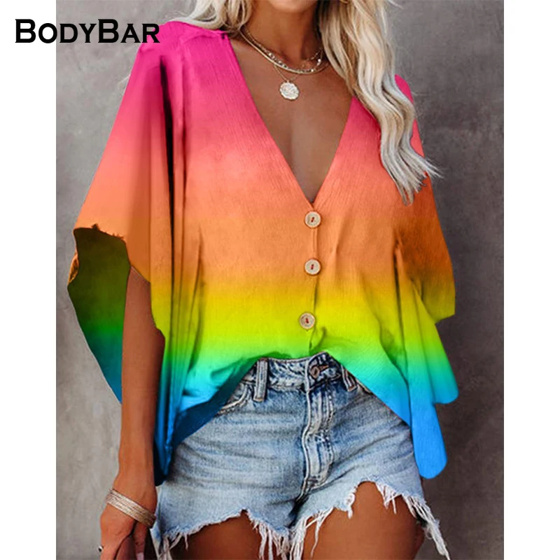 

Fashion Bat Sleeve Print Chiffon Shirt Ladies Half Sleeve Loose Top Buttoned Cardigan V-neck Blouse For Women 2021 Oversize Tops