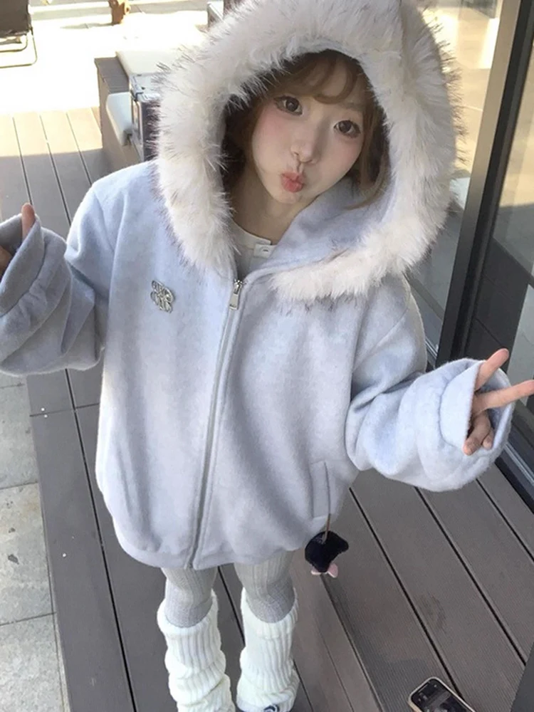 

Ретро-кардиган в американском уличном стиле с капюшоном, женский, осенне-зимний, теплый, свободный, повседневный, с меховым воротником