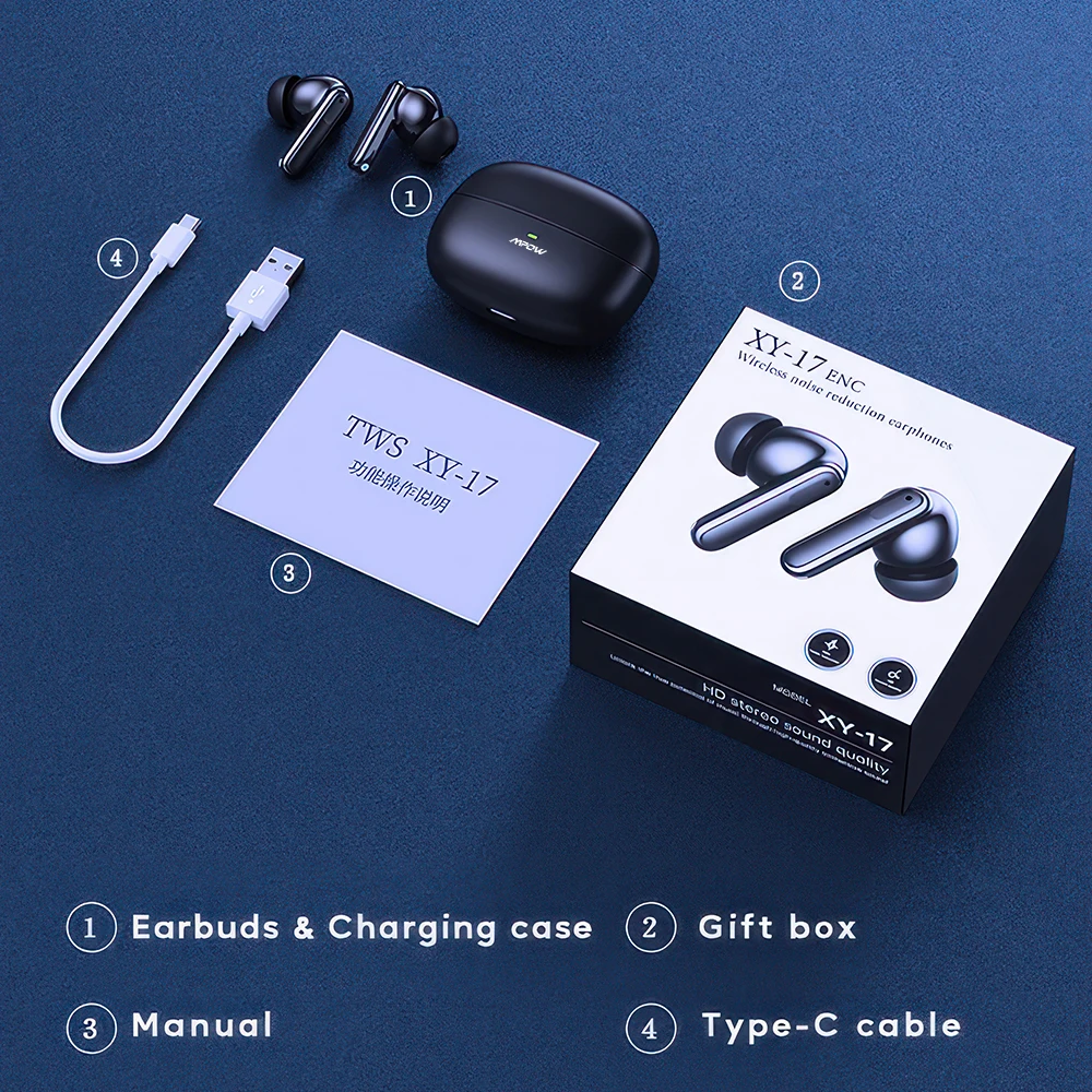 Mpow XY-17 True Wireless Bluetooth V5.3 Earbuds Active Cancelling Sports Earphones Dual Microphone 26hrs Playtime for iPhone