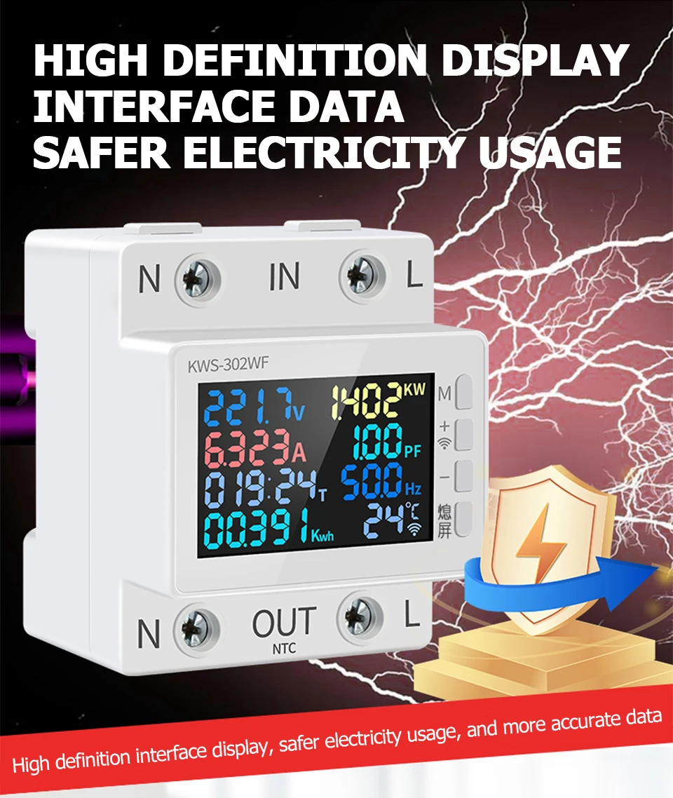 170-270V/63A Leistungsmesser 8in1 Farbbildschirm Multifunktions-Wechselstrom Energie Leistung Voltmeter Spannung Ampere Watt Kwh Meter Fernsteuerung – Detail 5