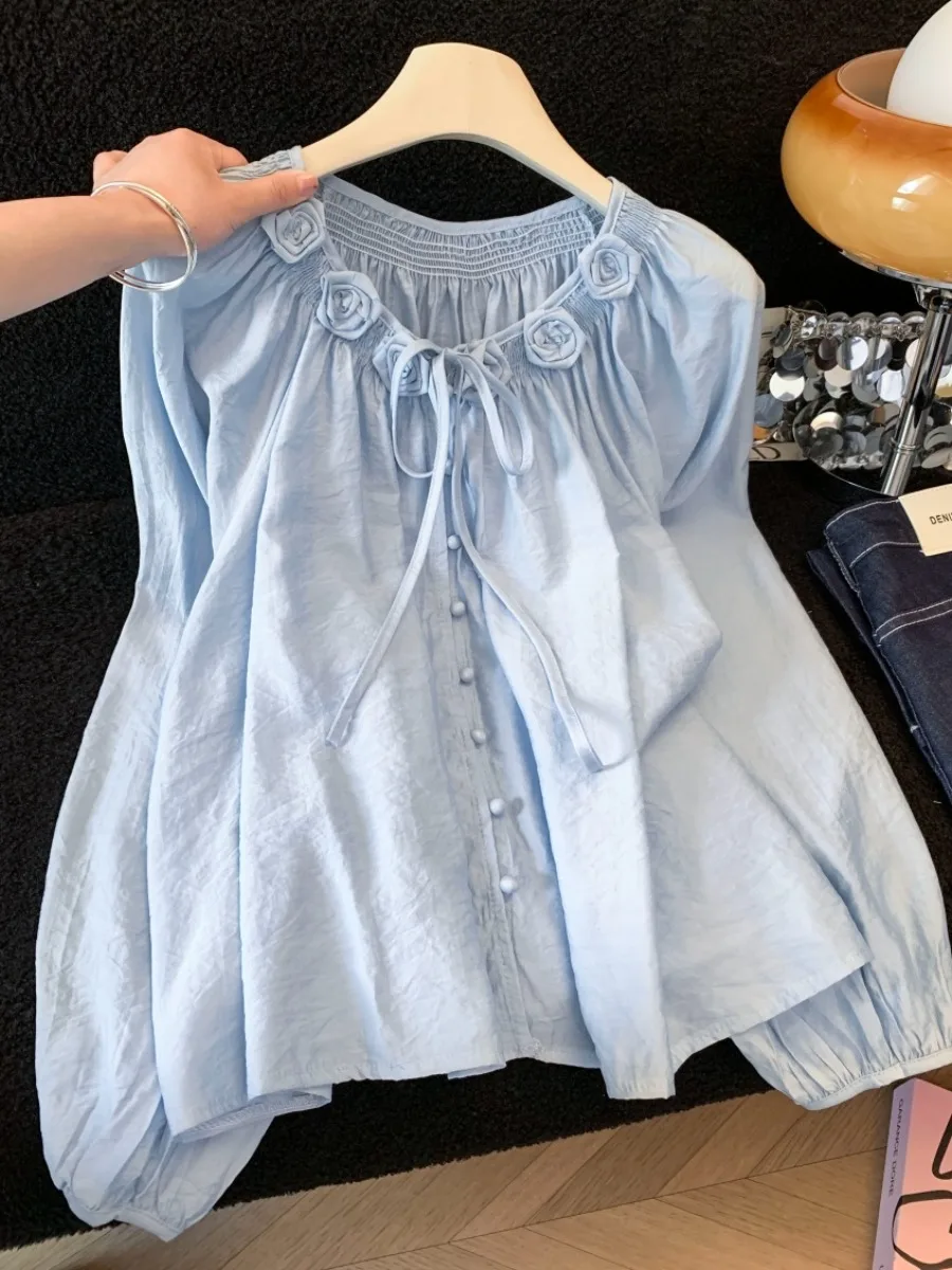 

Синяя женская рубашка из хлопка и шелка, весенне-летняя, тонкая, свободного кроя, с длинными рукавами, круглым вырезом, в стиле кардигана, с декоративным цветочным узором