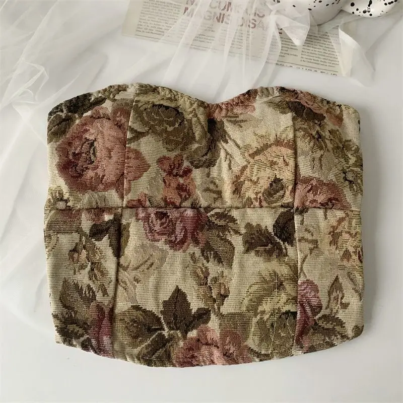 1 Piece Oil Painting Vintage Floral Bustier Tank Top Women with Bra Pads Outwear Beauty Back Wrap Backless Tops