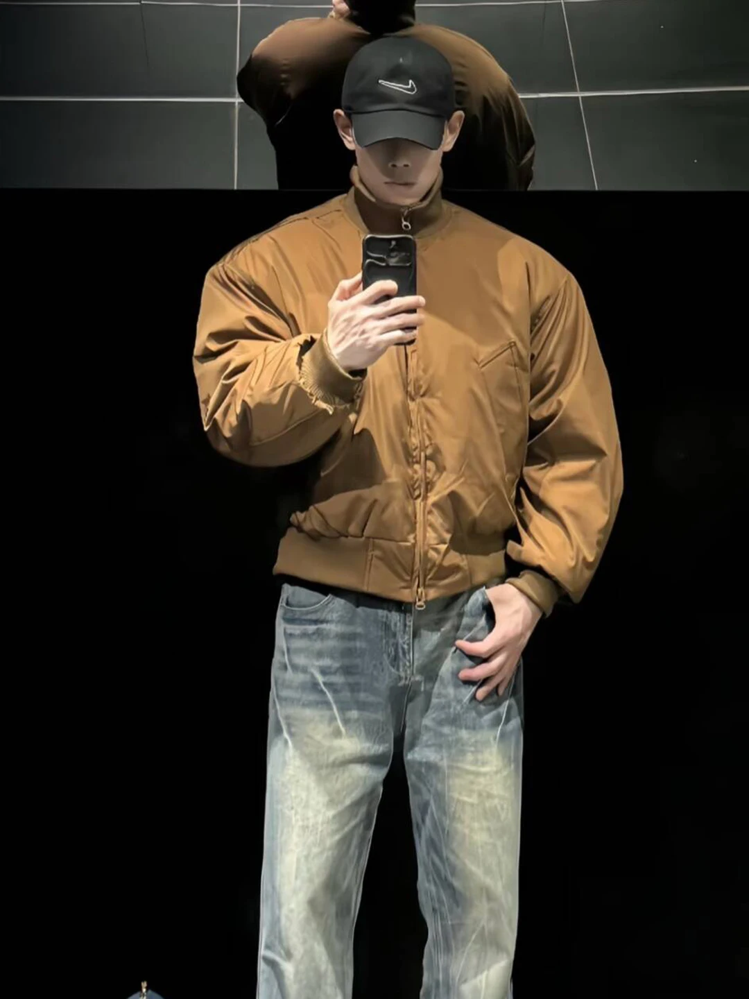 

Khaki ort Men's down Cotton Jaet Stand Collar Pilot Jaet Outerwear Winter Thiened Youth Trend Loose Fit Pure Color