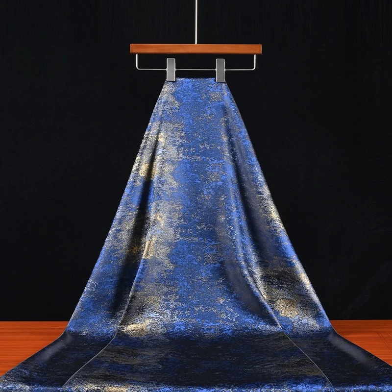 Retro Blue Gilded Gradient Textured Fabric, Fine Weave Gold Foil Cloth for Chinese Style Qipao Hanfu, Designer & Home Textile
