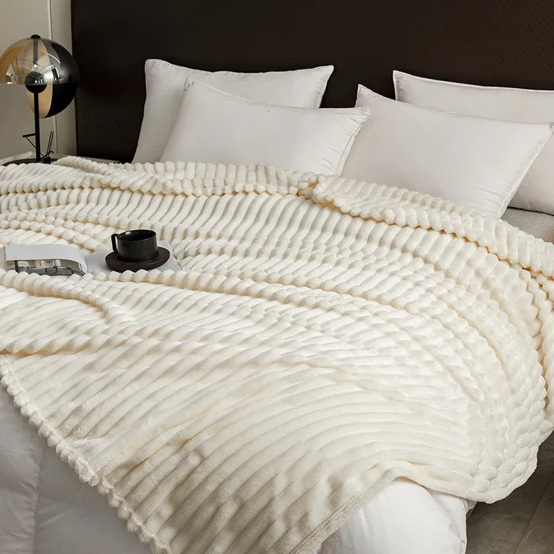King Queen Striped Bed Blanket Fleece Throw Blanket for Couch, Fuzzy Blankets for All Season, Shaggy Blanket For Home