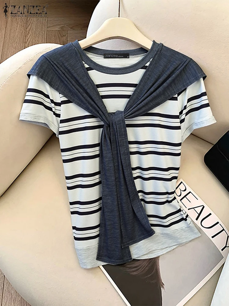 ZANZEA 2025 Vrouwen Streep Blouse Casual Losse Sjaal Tops Mode O-hals Tuniek Oversized Patchwork Korte Mouw Trui S-3XL