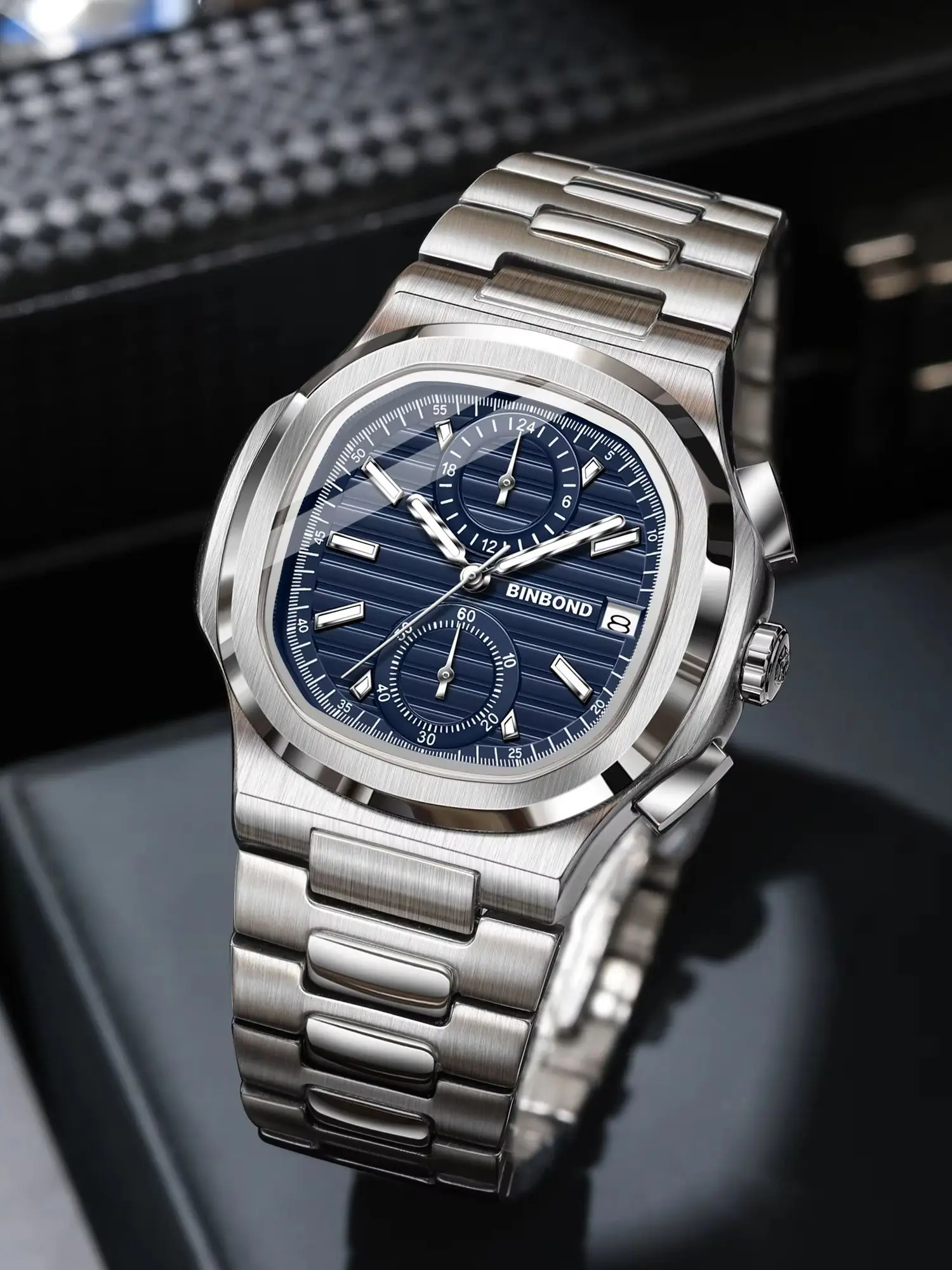 BINBOND Nautilus Herren-Quarzuhr, leuchtende, wasserdichte Multifunktions-Armbanduhr aus Edelstahl, Business-Casual-Geschenk