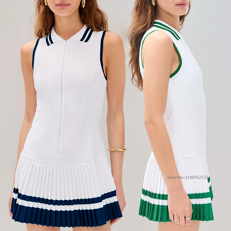 Women Tennis Dress Zipper V-Neck Polo Golf Athletic Dress with Shorts Sleeveless Workout Gym Pleated Skirts Contrast Color