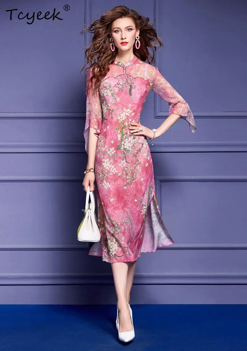 Tcyeek 100%Real Silk Elegant Dresses For Women, New Chinese Style, Flower Printed Vintage Gentle Dress, 2024 Summer D42134QC