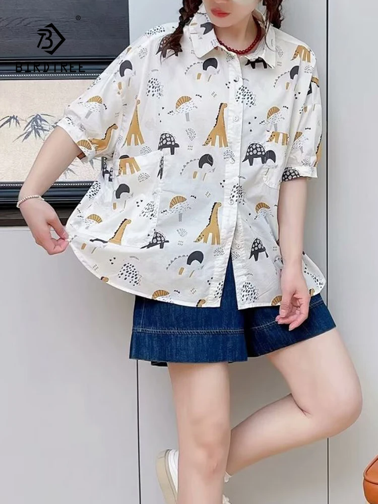 Nieuwe Zomer Katoenen Casual Shirt Vrouwen Revers Korte Mouw Cartoon Dinosaurus Tops Meisje Losse Mode Blouses 2024 Herfst T45844qc