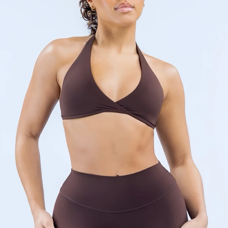 Origin Halter Bra Women Cross V‑Neck Sports Bra Removable Padded Wirefree Yoga Pilates Gym Workout Breathable Athletic Crop Top