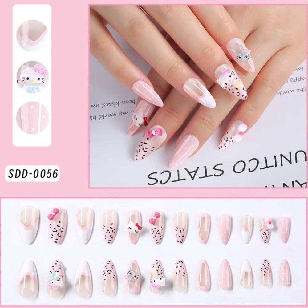 24 قطعة مرحبا كيتي Bowknot اضغط على الأظافر وهمية الوردي الباليه اللوز الفرنسية الأظافر كاذبة كيتي القط اللؤلؤ القلب تصميم أظافر وهمية نصائح #4