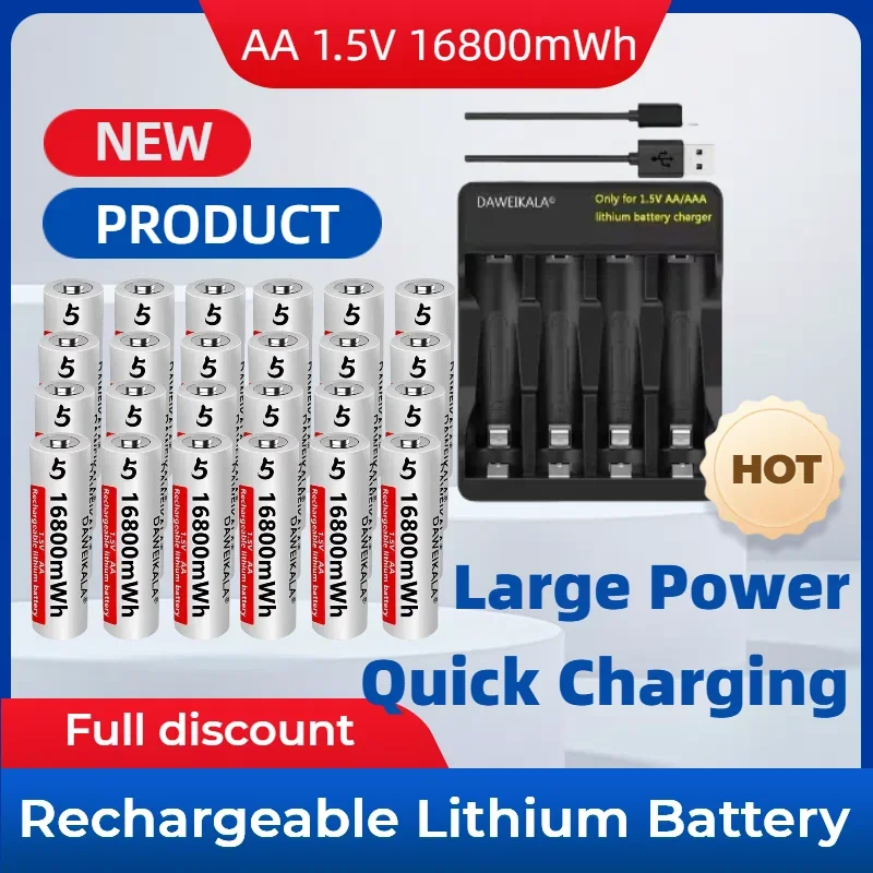 top1.5V 16800MWh USB-C Rechargeable AA Lithium Battery for Remote Control Mouse Fan Electric Toys Flashlight Door Lock