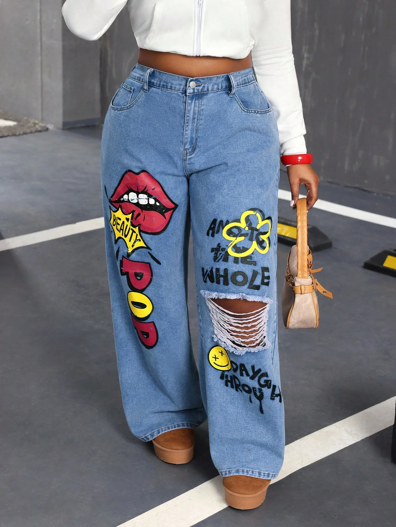 

Джинсы-багги с графическим принтом Y2K, потертостями на коленях и поп-арт дизайном для женщин