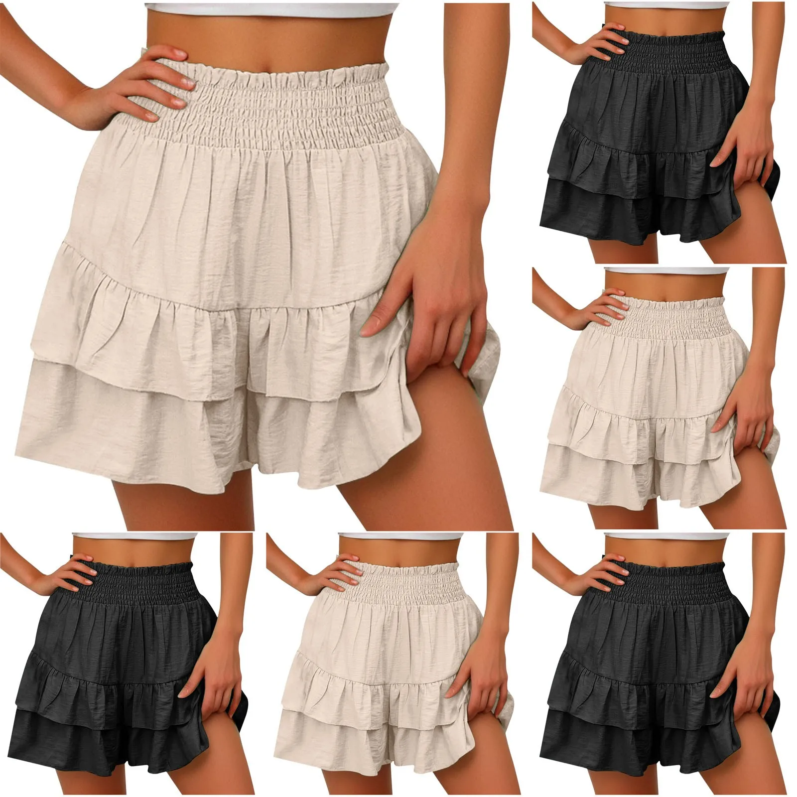 Summer Women Wide Leg Shorts Double-layered Ruffle Elastic High Waist Shorts Solid Color Vacation Beach Yoga Fitness Mini Shorts