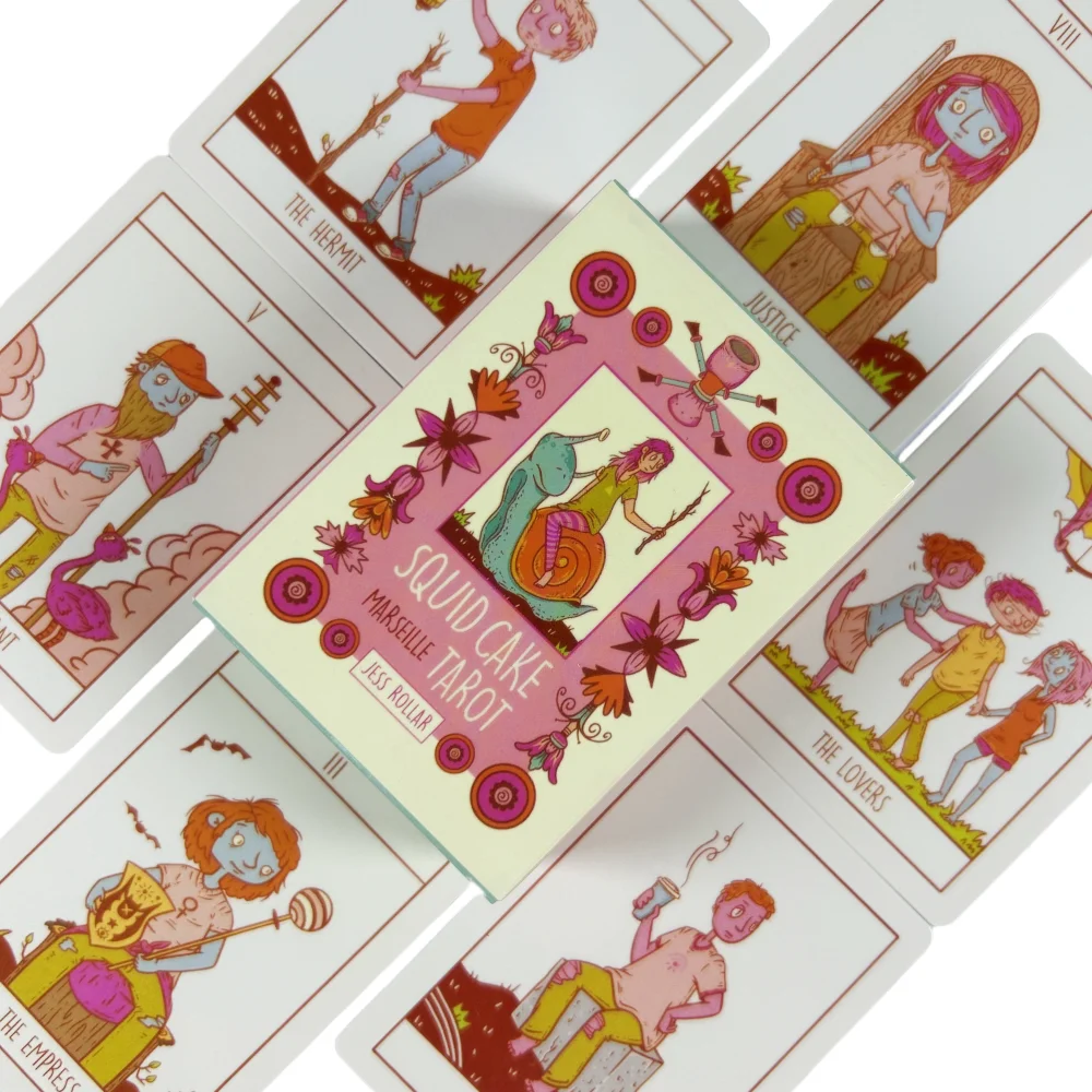 

8.9*6.3cm Squid Cake Tarot 78 Card Deck with Knights Riding Creatures Quirky Faces And A Delicious Colour Palette
