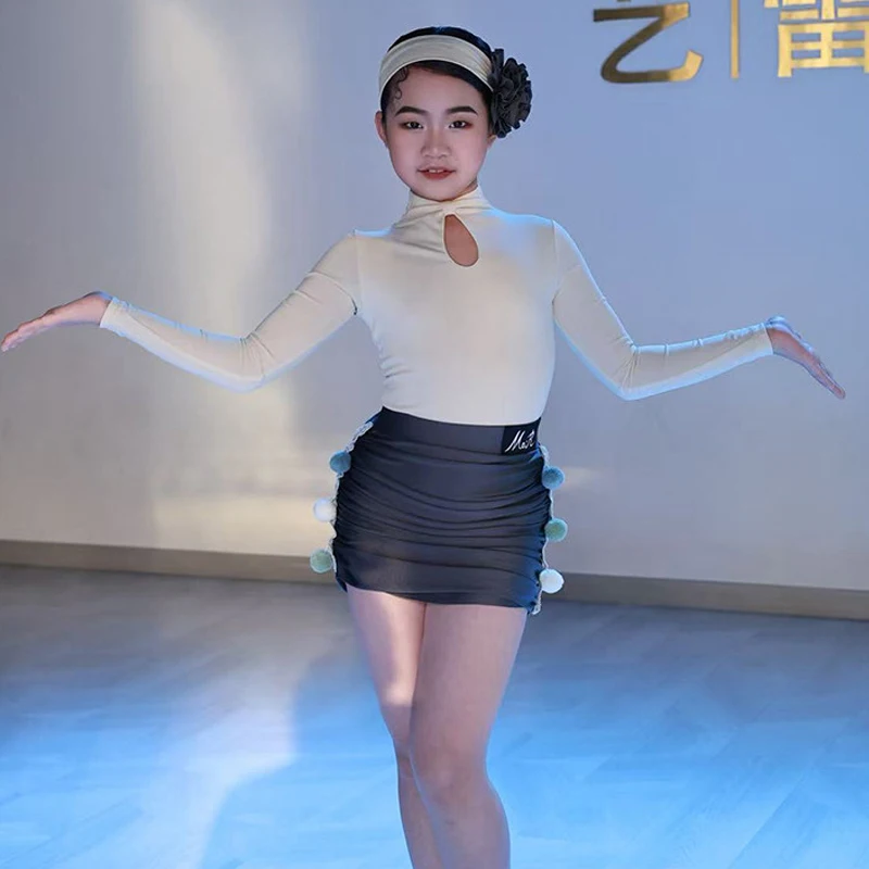 

Модная одежда для латинских танцев с длинными рукавами для девочек, костюмы для соревнований по латинским танцам в стиле румба, детский костюм для бальных танцев SL14998