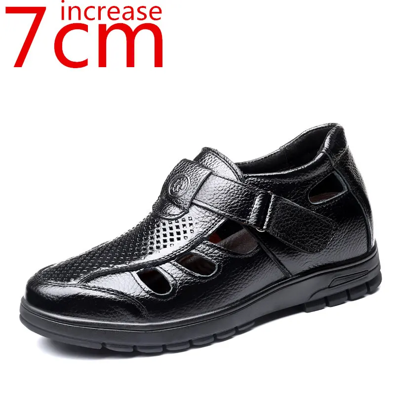 

Men Casual Sandals Inner Height-increasing 7cm Summer Beach Sandals Men's Shoe Cowhide Large Holes Hollowed-out Breathable Shoes