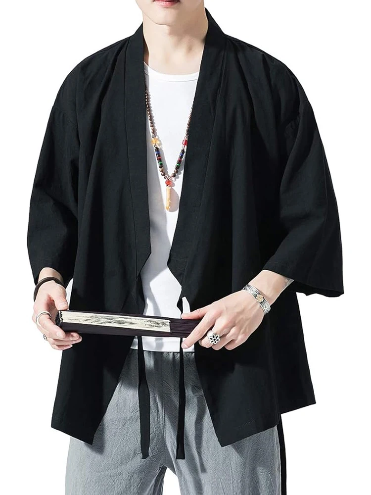 

Antakodo мужские куртки-кимоно кардиган легкий повседневный хлопок из смеси льна с семью рукавами пальто с открытой передней частью верхняя одежда