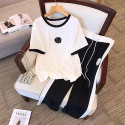 Plus Size 155Kg Women's Bust 170 Summer Loose Short Sleeve T-shirt Cropped Pants Suit Fashion Casual Set 5XL 6XL 7XL 8XL 9XL