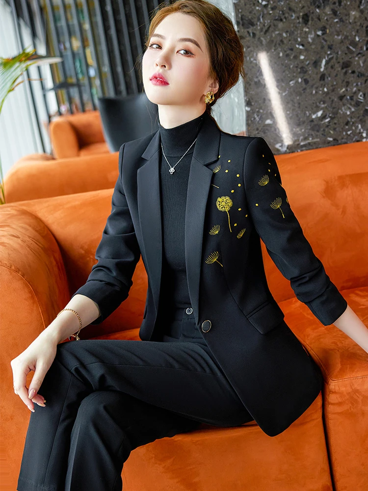 

Women Autumn Winter Work Business Wear Pant Suit Red Black Blazer Set Female Office Ladies Long Jacket and Trouser 2 Pieces