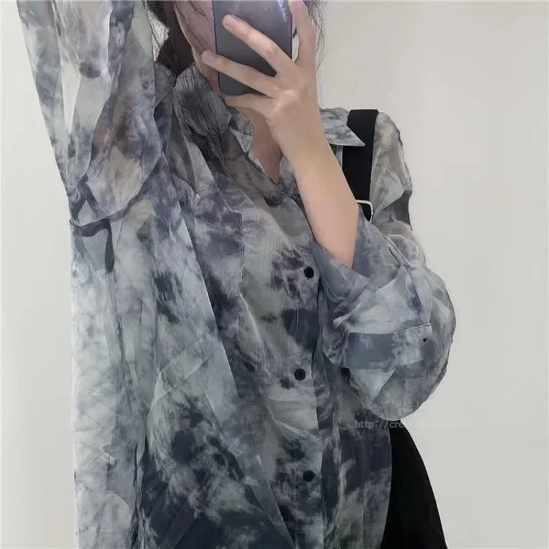 DAYIFUN Ink Printing Ladies' Shirts Summer Chiffon Thin Lapel Pockets Blouses Women's Sunscreen Long-sleeved Versatile Tops