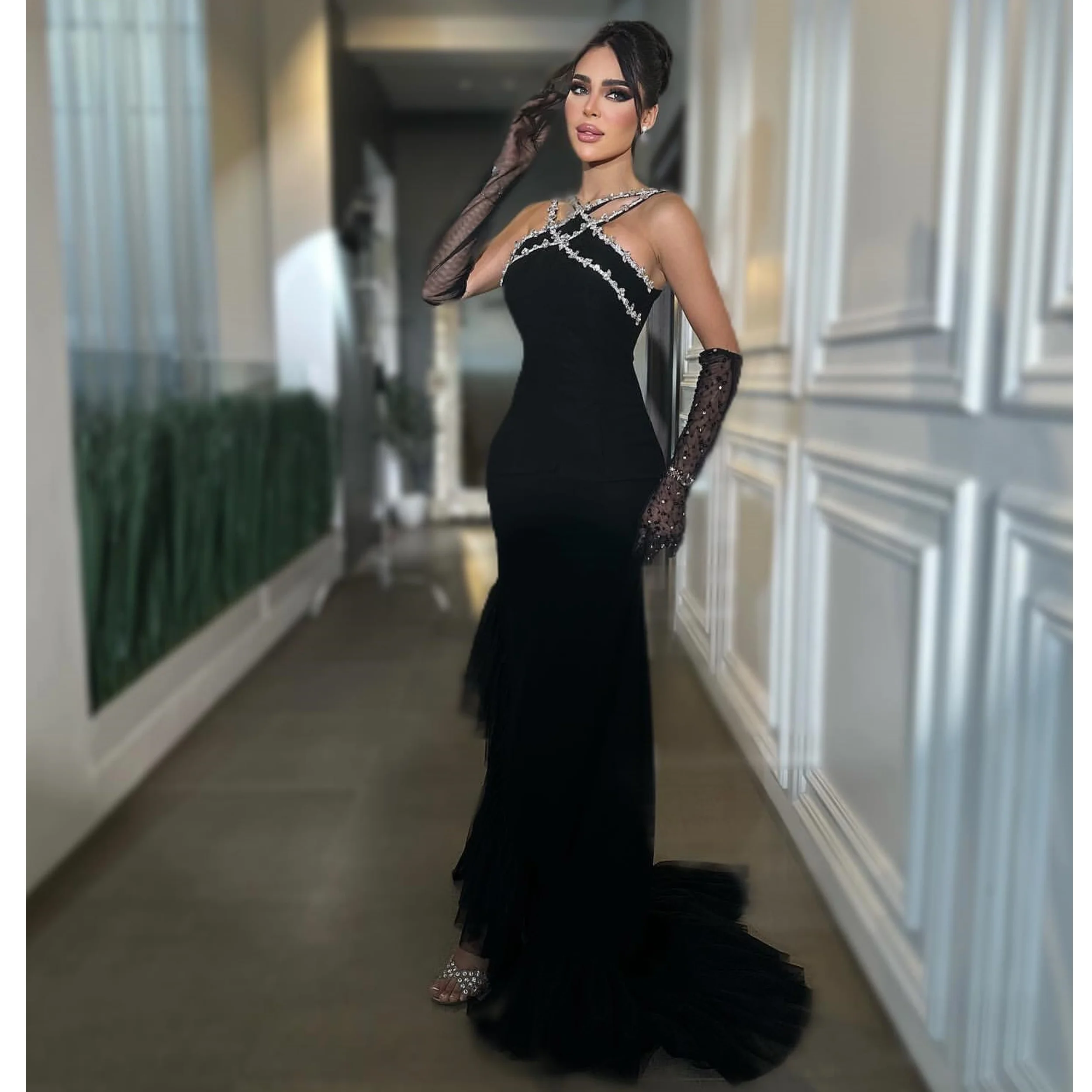 Sexy preto sereia vestidos de baile para mulheres halter beading formal vestidos de festa para cocktail personalizado plissados meninas vestidos de noite