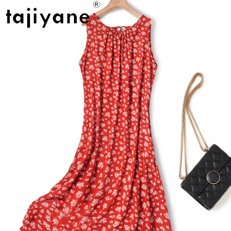 

Tajiyane 100% Mulberry Silk Summer New Red Temperament Floral Silk Round Neck Sleeveless Dress That Looks Slim and Over The Knee