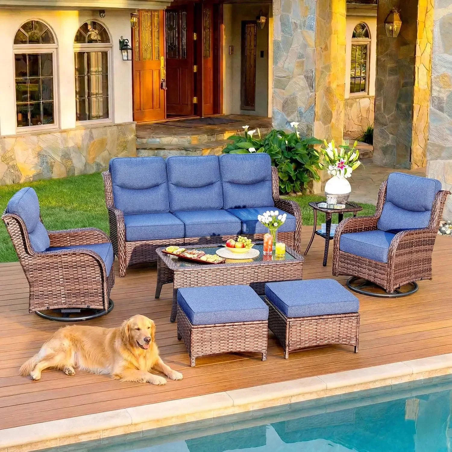 Wicker Conversation Set Outdoor Couch High Back Swivel Rocker Chairs Patio Furniture Thick Cushions Deck Yard Poolside Blue