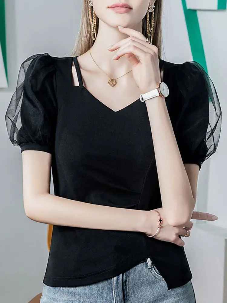 Summer 2026 Black Mesh Splice V-Neck Bubble Sleeve Top Waist Inward Short Sleeve Pure Color T-Shirt Korean Style Commute Wind
