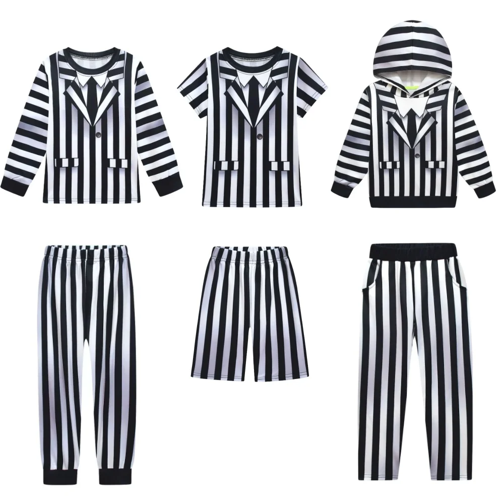 

Kids Boys Girls Black and White Stripe T Shirt Hoodies Shorts Long Pants Clothes Set Outfit Role Play Halloween Cosplay Costume