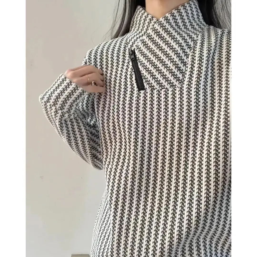 diagonal neck zipper long-sleeved sweater women's spring, autumn and winter thickened fish bone pattern bottoming shirt T-shirt
