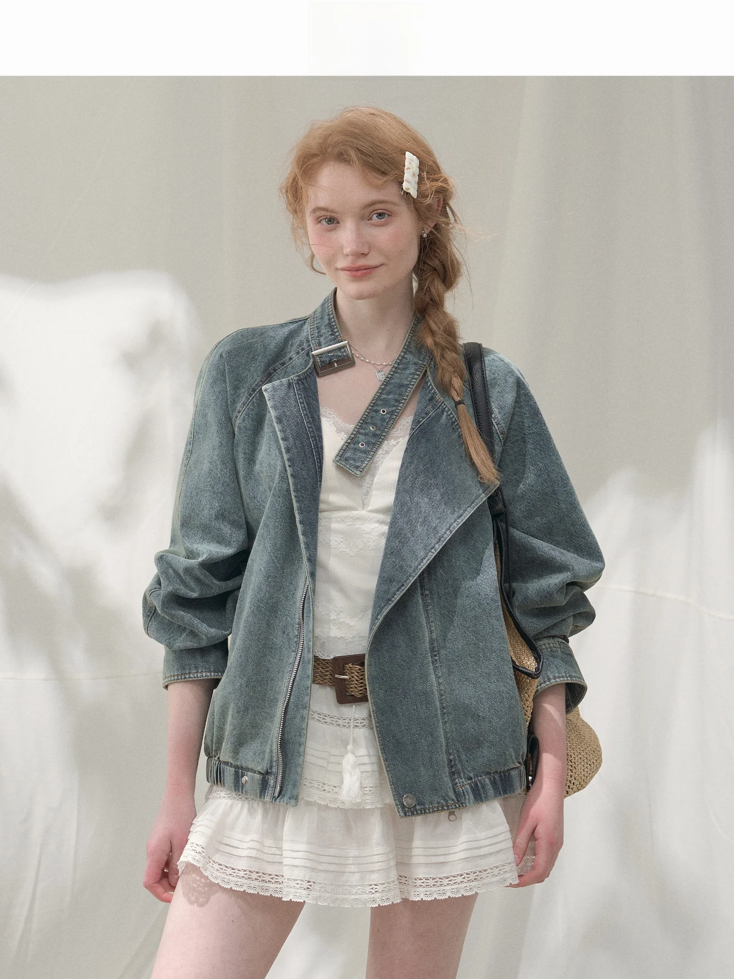 

LOLOL Sea Fog Denim Jacket Women's Spring Loose Retro Fashionable Collared Coat Cotton Blend Long Sleeve Button up Jacket