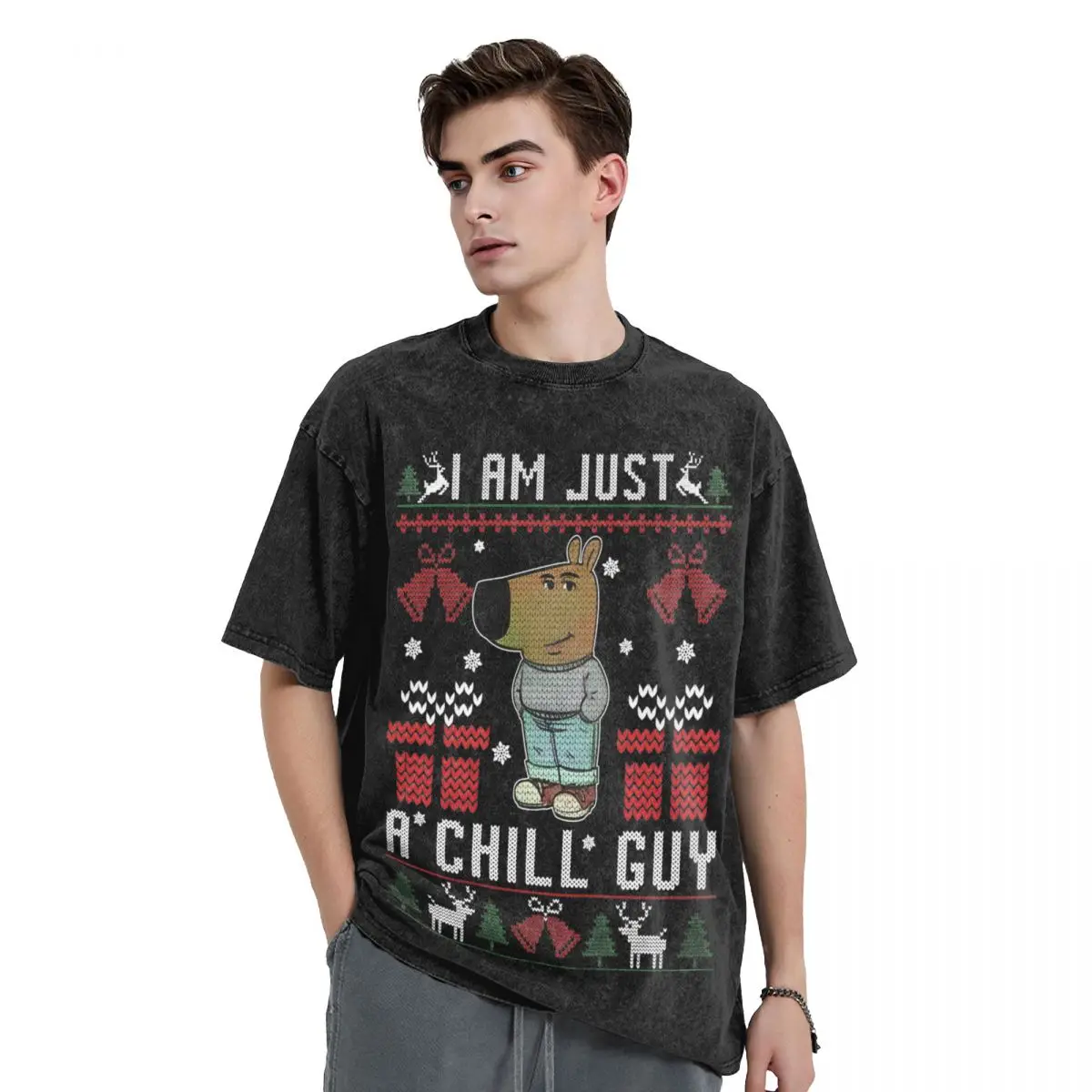 Just A Chill Guy Ugly Christmas Washed T Shirt Streetwear Hip Hop Vintage T-Shirts Tees for Men Women Street Graphic Printed