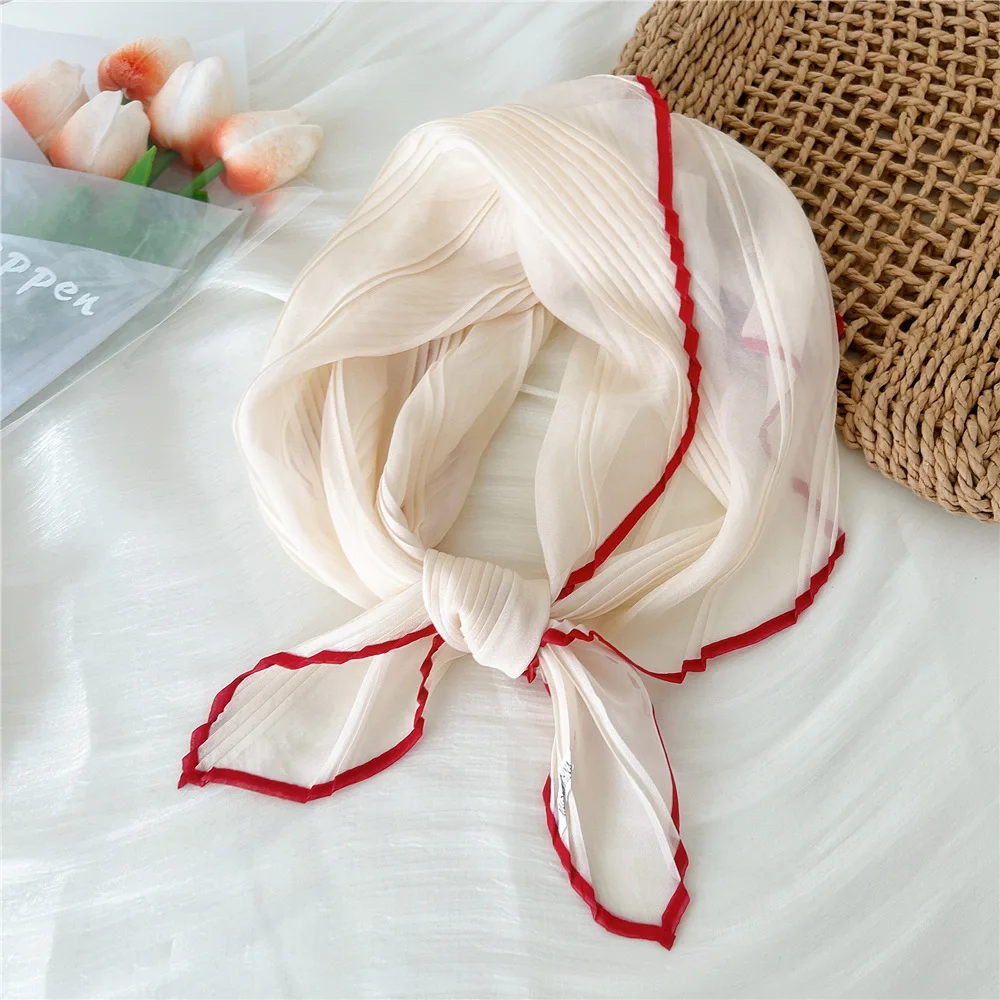 Silk Scarf Women Luxury Ladies Small Head Scarf Headwraps Wholesale Scarves Pleated Chiffon Hijabs Satin Female Summer Bandanas