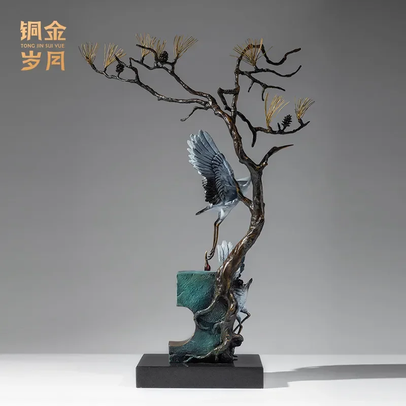 Handmade Brass Crane Statue Vintage Copper Pine Tree Ornament Elegant Metal Bird Figurine Home Decor Gift for Elderly