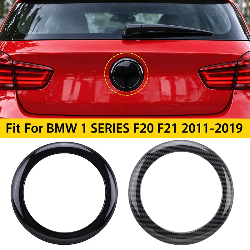 Car Rear Badge Ring Cover Logo Frame Trim Black/Carbon Fiber Pattern Sticker For BMW 1 Series F20 F21 2011-2019 Car Accessories