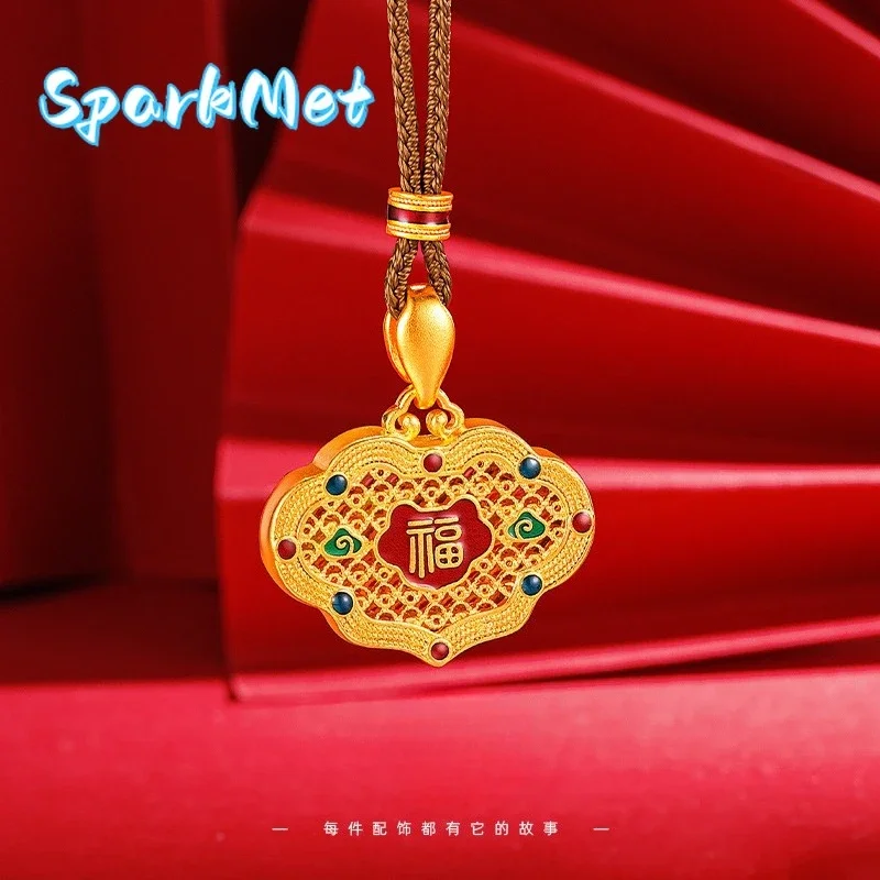 

Золотая цепочка-подвеска Sparkmet в этническом стиле, 9999 пробы, 24K, из настоящего золота, с ажурным филигранным узором, эмалью и благоприятным облаком, для свитера