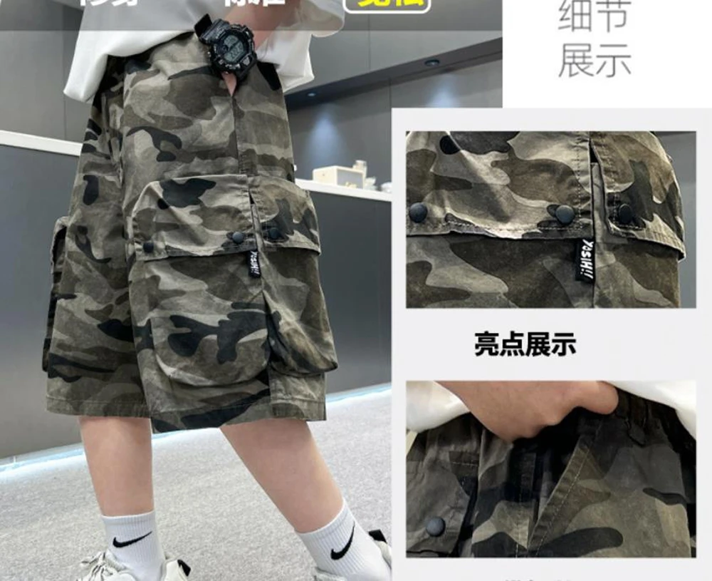 Teenage Boys Camo Cargo Shorts with Pocket Tweens Child Loose Style Military Tactical Work Shorts Kids Camouflage Pants 4-14Y