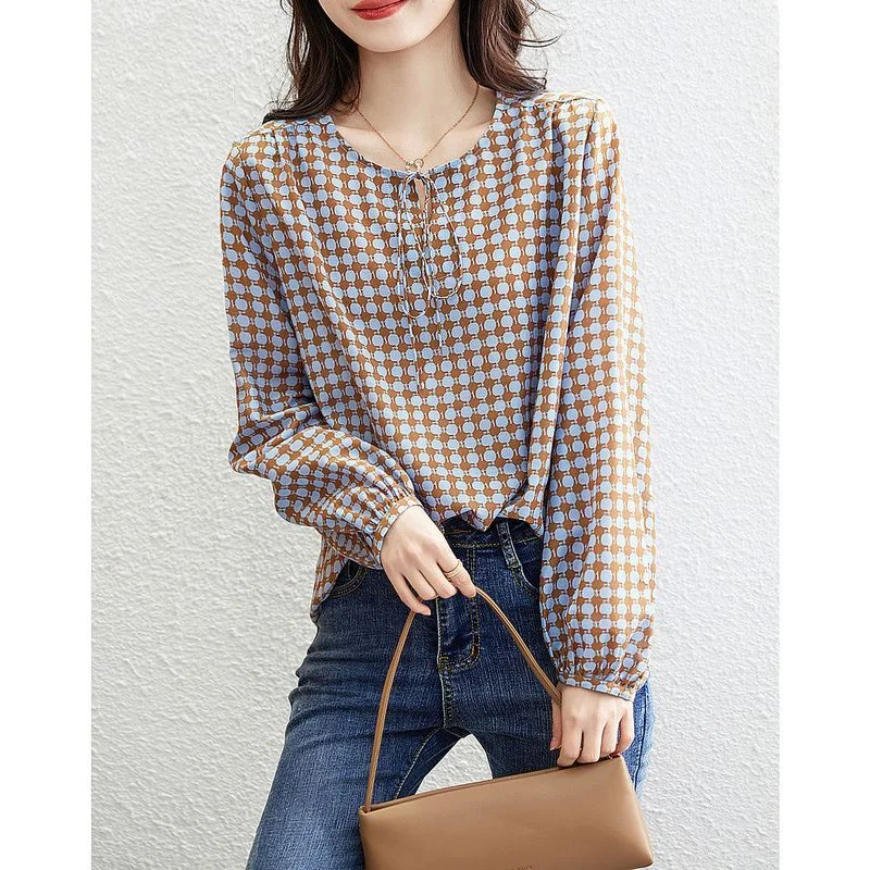 

Французская винтажная блузка с завязками спереди в горошек, элегантный и молодежный модный повседневный топ с длинными рукавами и принтом