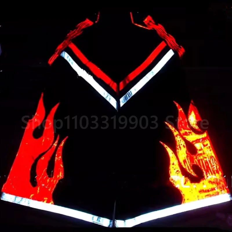 

New Style Flame Pattern Reflective Strip Night Vision Pants Shuffle Ghost Dancing Pants Luminous Death Trousers Teens Clothing