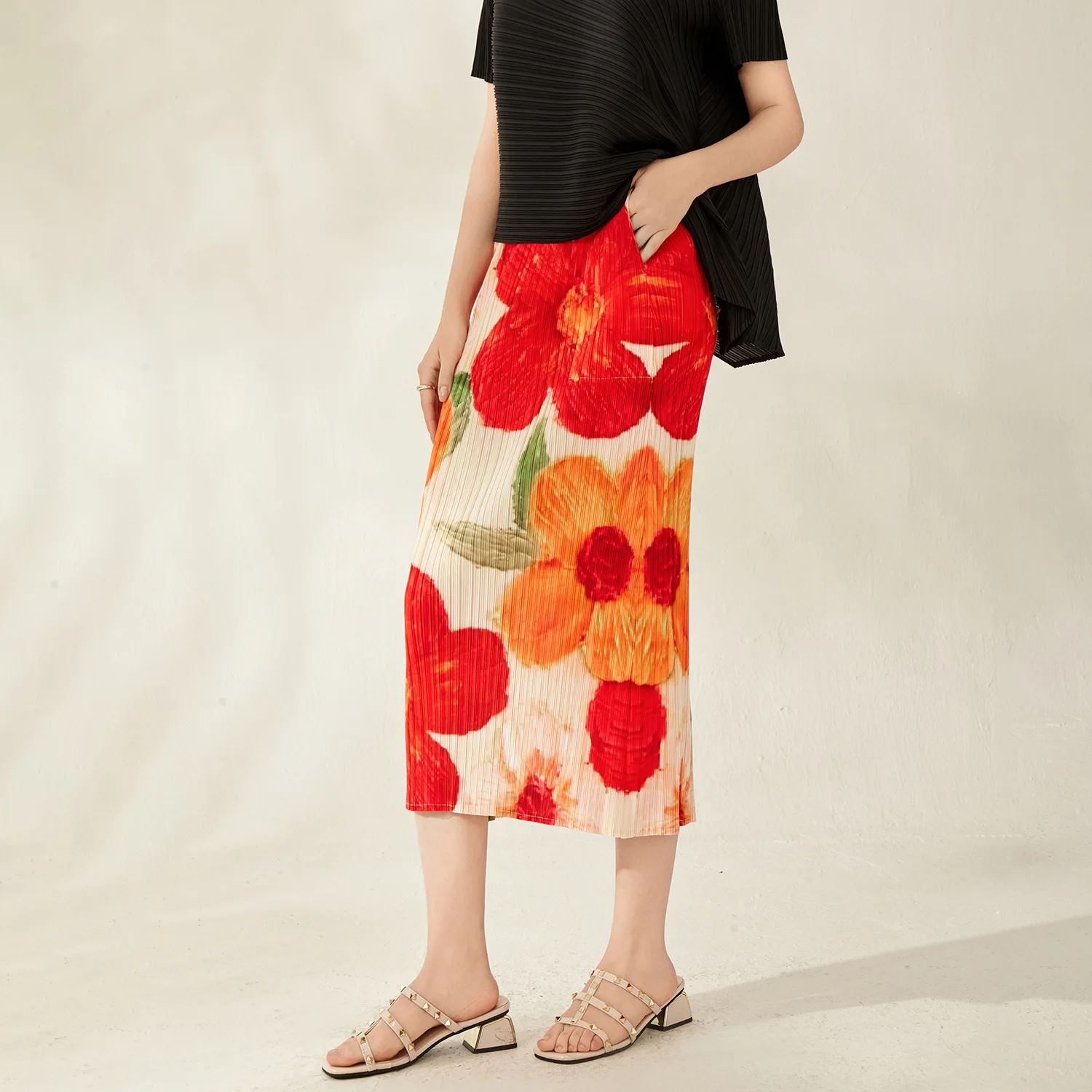 Miyake Pleated Large Flower Print Skirt Summer Skirt Mid-length Design Niche High-waist Print Skirt