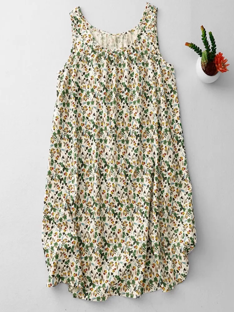 

2025 New Summer Vintage Literature Floral Print Women Dresses Age-reduced Sleeveless Midi Tank Dress Female Bottom Vest Dress